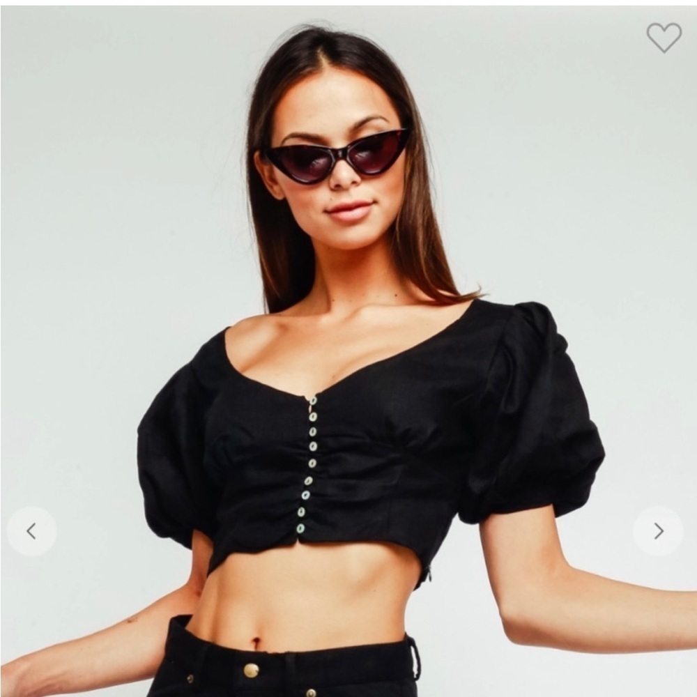 Olivaceous Black Linen Buttoned Puff Sleeve Crop Top